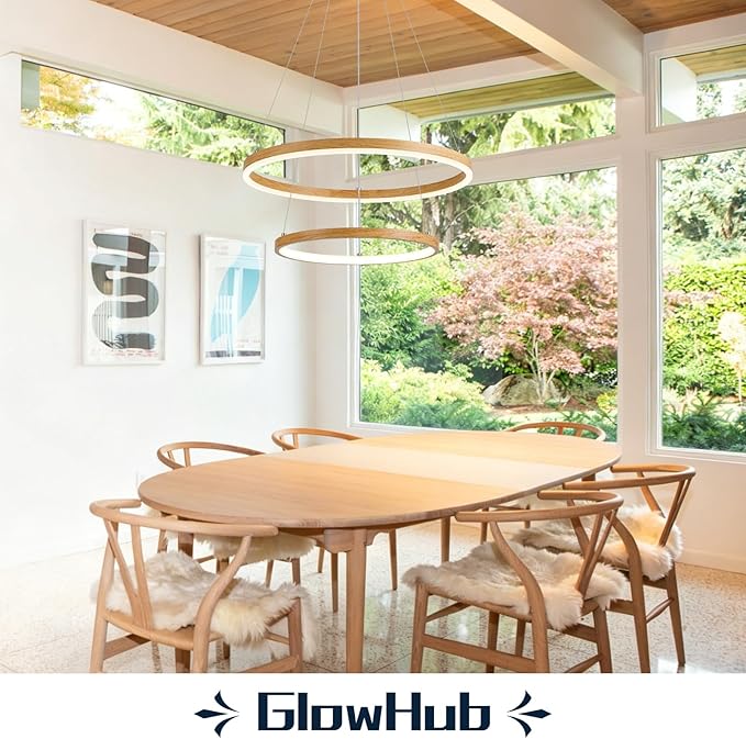 2 Ring LED Chandelier for Dining Room, Wood Grain Circular Pendant Light Fixture Modern Boho Round Hanging Light Coastal Chandelier for Entryway Bedroom Office, 20 Inches Dimmable 3000-6500K