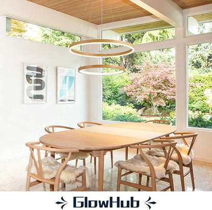 2 Ring LED Chandelier for Dining Room, Wood Grain Circular Pendant Light Fixture Modern Boho Round Hanging Light Coastal Chandelier for Entryway Bedroom Office, 20 Inches Dimmable 3000-6500K