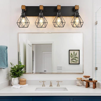 4 Light Farmhouse Vanity Light for Bathroom, Wood Bathroom Vanity Light Fixtures Over Mirror, Rustic Sconces Wall Lighting with Metal Lampshade for Living Room, Bedroom, Hallway