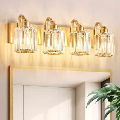 Crystal Vanity Lights, Modern 4-Light Bathroom Lights Over Mirror, Bathroom Light Fixtures with Polished Gold Finish for Mirror Bedroom Living Room (Exclude Bulb)