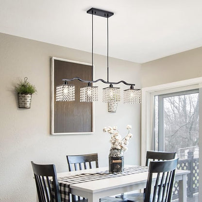 WUZUPS Crystal Chandelier 4-Light Linear Raindrop Pendant Ceiling Light Modern Lighting Fixture for Bedroom Dinning Room Bar Kitchen Island, H8.7'' W4.7'' L30.5, E12 Base, Black