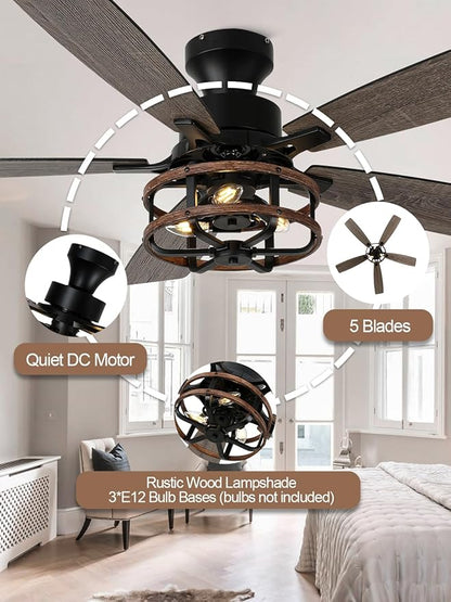 52" Farmhouse Rustic Ceiling Fan with Lights and Remote, Flush Mount Ceiling Fan Low Profile Caged Fandelier Chandelier, 5 Dual Blades Reversible DC Motor 6 Speeds for Bedroom Living Room