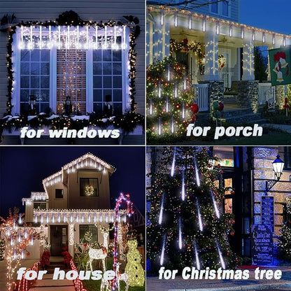 Purtuemy Christmas Lights Outdoor, Meteor Shower Lights 12 inch 8 Tubes LED Snow Falling Icicle for Christmas Decoration Tree Garden Wedding Party Holiday, White