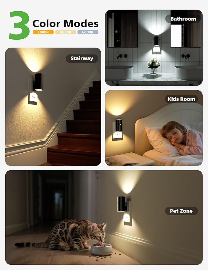 JOFIOS Night Lights Plug Into Wall,3 Color Temperatures LED Night Light Plug in,Dusk to Dawn Sensor,0-100LM Adjustable Brightness,Dimmable Night Lights for Hallway Bathroom Stair Bedroom,Black,6 Pack
