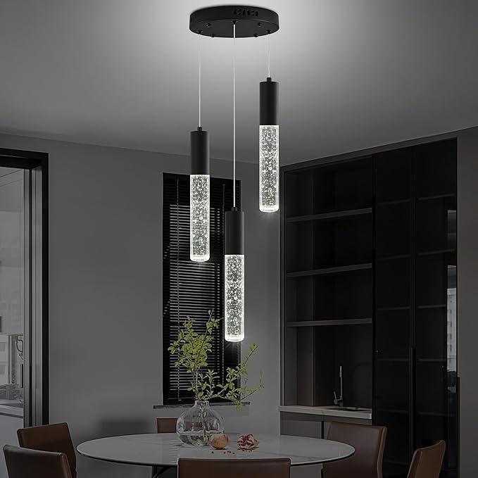 Modern Crystal Chandelier for Kitchen Island 3-Lights, Elegant Black LED Bubble Pendant Lighting Fixture for Dining Room Bedroom Entryway