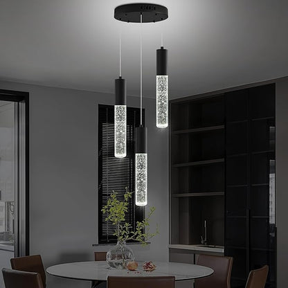 Modern Crystal Chandelier for Kitchen Island 3-Lights, Elegant Black LED Bubble Pendant Lighting Fixture for Dining Room Bedroom Entryway