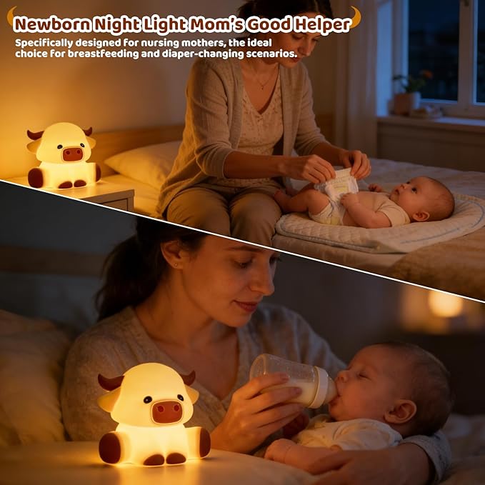 Cute Highland Cow Rechargeable Night Light, LED Touch Silicone Lamp for Bedroom with 7 Colors Timer and Dimmable Squishy Warm Light Night Lights, Animal Lamp for Bedroom Birthday Gift