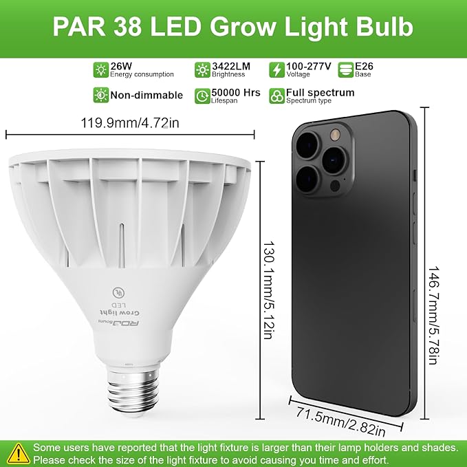 RDJ Bouns Grow Light Bulbs for Indoor Plants, E26 Base, 26W 3422LM (300 Watt Equiv), High PPFD with Optical Lens, CRI98, Seeds and Greens,LED Plant Light Bulb for Growing, Gifts for Gardening Lovers