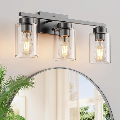 PARTPHONER 3-Light Bathroom Light Fixtures, Matte Black Vanity Light with Clear Glass Shade, Modern Wall Sconce for Mirror Bedroom Living Room Hallway Lighting