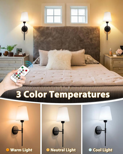 Adetu Battery Operated Wall Sconce Set of 2, Gold Wireless Battery Wall Lights with 10000mAh RGB Dimmable Magnetic Bulbs and Remote Control, Rechargeable Wall Sconce for Bedroom Living Room Hallway