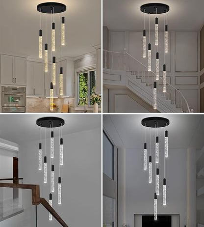 7-Lights High Ceiling Crystal Chandelier, Modern LED Raindrop Pendant Light Fixture 60" H Flush Mount Chandelier Black for Foyer Staircase Living Room