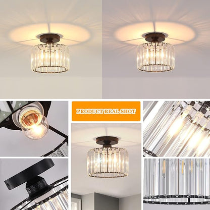 BUXVRCS Semi Flush Mount Modern Chandelier, Crystal Ceiling Light Fixture, Small Close to Ceiling Light for Living Room, Bedroom, Hallway, Bathroom, Kitchen, Entryway with E26 Base (Black)