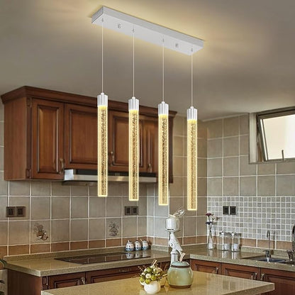Modern Crystal Column Chandeliers for Dining Room Dimmable 4-Lights Silver LED Hanging Pendant Light Kitchen Island,Bedroom,Over Table,Living Room, Adjustable Height