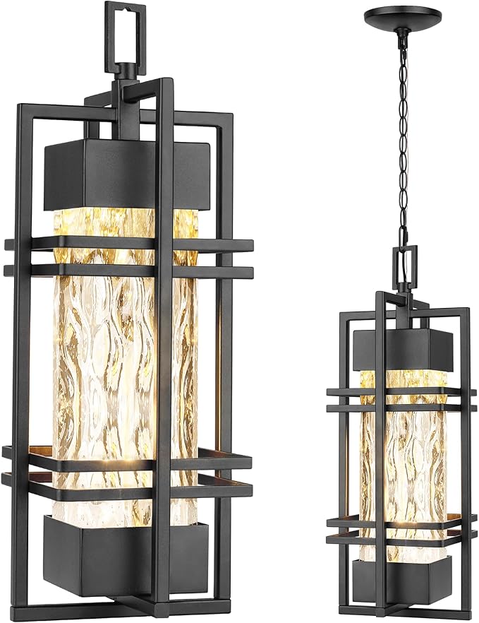 WIHTU Large Outdoor Pendant Light Fixture, Modern Hanging Lantern Ceiling Mount, Anit-Rust Waterproof Chandelier Lighting Exterior with Stone Bubble Glass for Porch, Garage, Gazebo, Patio