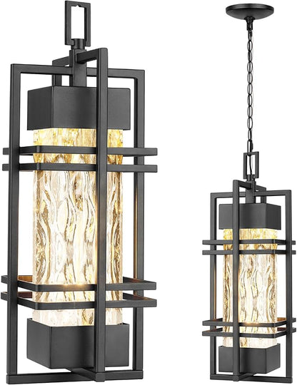 WIHTU Large Outdoor Pendant Light Fixture, Modern Hanging Lantern Ceiling Mount, Anit-Rust Waterproof Chandelier Lighting Exterior with Stone Bubble Glass for Porch, Garage, Gazebo, Patio