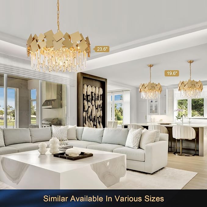 A AXILIXI Modern Crystal Chandelier Gold 24” Round Chandeliers for Dining Room 9 Light Drum Ceiling Pendant Light Fixture K9 Crystal Luxury Semi Flush Mount Chandelier for Foyer Living Room Bedroom