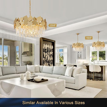 A AXILIXI Modern Crystal Chandelier Gold 24” Round Chandeliers for Dining Room 9 Light Drum Ceiling Pendant Light Fixture K9 Crystal Luxury Semi Flush Mount Chandelier for Foyer Living Room Bedroom