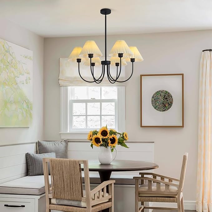 KCO Lighting Modern Farmhouse Chandelier Black Sputnik Chandelier Light Fixture White Fabric Chandelier Ceiling Light Vintage Pleated Chandelier Traditional Chandeliers for Dining Room