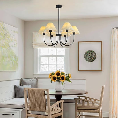 KCO Lighting Modern Farmhouse Chandelier Black Sputnik Chandelier Light Fixture White Fabric Chandelier Ceiling Light Vintage Pleated Chandelier Traditional Chandeliers for Dining Room