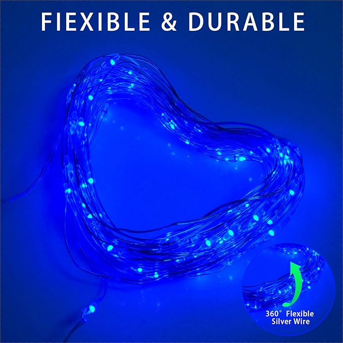 Blue Solar Christmas String Lights Outdoor Waterproof, 2Pack Total 200Led 66Ft 8 Modes Copper Fairy Lights for Halloween Garden, Patio, Fence, Balcony, Outdoors