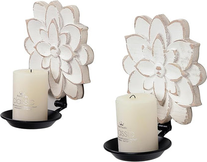 Farmhouse Candle Sconces Set of Two, Handcarved Wall Candle Holders Decorative, Flower Pattern, Distressed Finish Rustic Candle Holder Wall Decor for Living Room, Hallway