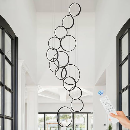 14 Rings Modern LED Chandelier for High Ceiling Dimmable Black Contemporary Foyer Long Chandelier for Entryway, Long Pendant Light Fixture Staircase Dining Living Room, 3000-6500K