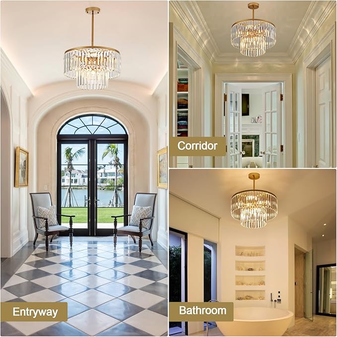17.7" Gold Semi Flush Mount 2-Tier Crystal Ceiling Light Fixtures for Dining Room Modern Industrial 8-Light Chandeliers Lighting for Bedroom Entryway Hallway Kitchen Island Living Room Foyer