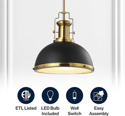 JONATHAN Y 13" Black/Brass Gold Modern Industrial Iron LED Dome Pendant Light, Adjustable Hanging Fixture for Kitchen Island or Entryway, Black Metal Shade, LED Bulb Included (JYL9536A)