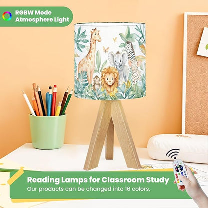 Cute Kids Bedside Desk Table Lamp Watercolor Jungle Animal Forest Lion Monkey Giraffe Zebra Lion Cub Children Nightstand Lamp, Tripod Small Night Lights Linen for Nursery Room Bedroom Dorm Decor