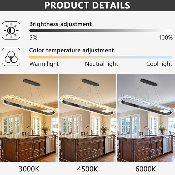 47'' Oval Ring Crystal Chandelier Modern LED Dimmable Ring Pendant Light Chandelier for Dining Room Living Room Black