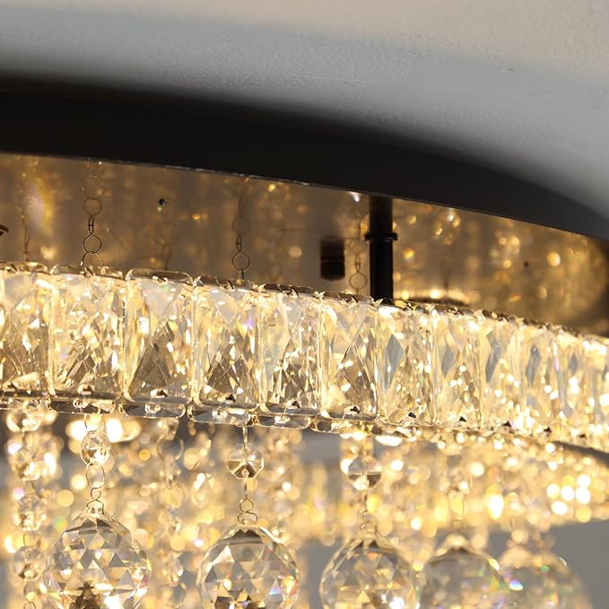 Dia 24" Modern Crystal Chandeliers for Dining Room,Black Raindrop Chandelier Flush Mount Chandeliers for Living Room Bedrooms Dining Room Dimmable 2700k 4500k 6000k
