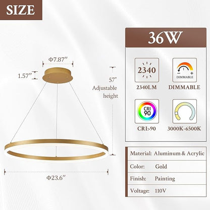 Modern LED Pendant Lighting 24'' Ring Chandelier Gold Dimmable LED Chandelier for Dining Room 36W Adjustable Pendant Light Fixture for Living Room Bedroom Home Office Foyer, 3000-6500K