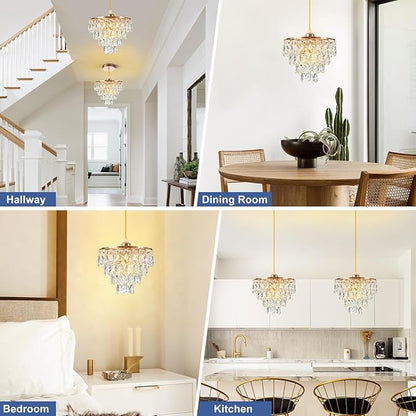 Mini Crystal Chandelier Small Modern Crystal Flush Mount Ceiling Light for Hallway Closet, E26 Base, K9 Crystal (Gold-Pendant)