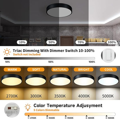 Black Flush Mount Ceiling Light 12 inch LED Dimmable Ceiling Lamp 24W 5CCT(2700K-5000K) Modern Close to Ceiling Light Fixture for Bedroom Foyer Kitchen Entryway Closet Hallway