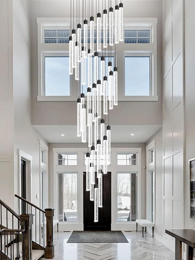 200'' Long Crystal Column Chandelier Black 36-Light Extra Large Staircase Chandelier High Ceiling Dimmable LED Ceiling Lighting Foyer Entryway Light Source is Replaceable