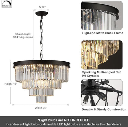 A AXILIXI Modern Crystal Chandeliers 24" Round Top K9 Crystals Chandelier Adjustable Ceiling Light Fixture 4-Tier K9 Crystal Pendant Lamp 12-Light for Dinning Room Living Room Foyer