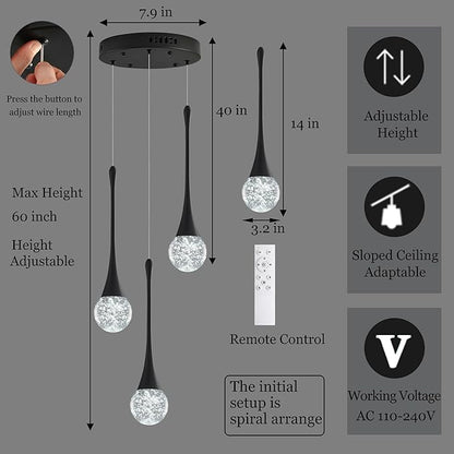 Modern Crystal Kitchen Island Chandelier 3-Lights Black, LED Dimmable Raindrop Indoor Lighting Fixture for Dining Room Foyer Entryway Remote Control