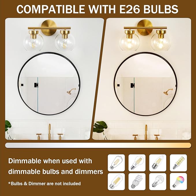 Gold Vanity Light, 2 Light Bathroom Vanity Light with Clear Globe Glass Shades, Modern Bathroom Light Fixture Over Mirror, Brass Wall Sconce Light for Bedroom Restroom, E26 Socket