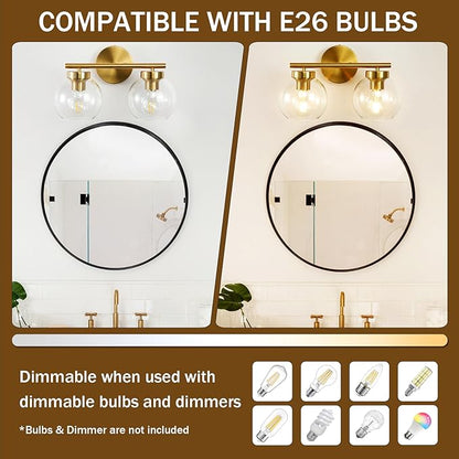 Gold Vanity Light, 2 Light Bathroom Vanity Light with Clear Globe Glass Shades, Modern Bathroom Light Fixture Over Mirror, Brass Wall Sconce Light for Bedroom Restroom, E26 Socket