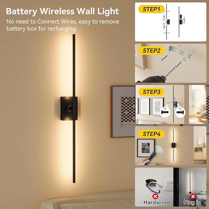 Ouyulong Battery Operated Wall Sconces Set of 2, 10000mAh Wireless Rechargeable 3000-6000K Dimmable 350° Rotate Wall Light with Remote for Living Room, Bedroom 31.6in Black