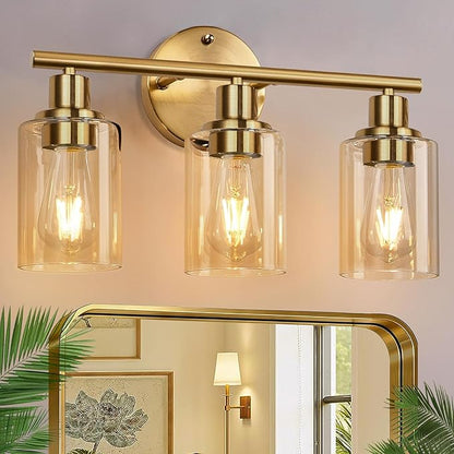Zarbitta 3-Light Bathroom Light Fixtures, Brushed Gold Vanity Light, Farmhouse Wall Lights with Amber Glass Shades, Bathroom Wall Lamp for Mirror Kitchen Bedroom Hallway Living Room