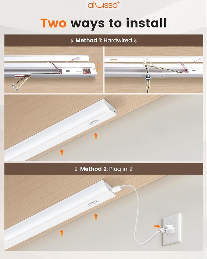 ALUSSO 24 Inch LED Under Cabinet Lighting Hardwired & Plug in 120V, 5CCT Color Selectable 2700K-5000K Dimmable 15W 1350LM High Brightness, Strip Linkable Under Counter Lights for Kitchen Sink, 2 Pack