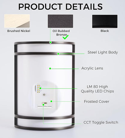 CLOUDY BAY LED 3 Color Indoor Wall Sconce, Wall Lighting,3000K/4000K/5000K Color Temperature Adjustable Wall Mount Light Fixture, 15W 120V Dimmable CRI 90+ LED Wall Light,Oil Rubbed Bronze