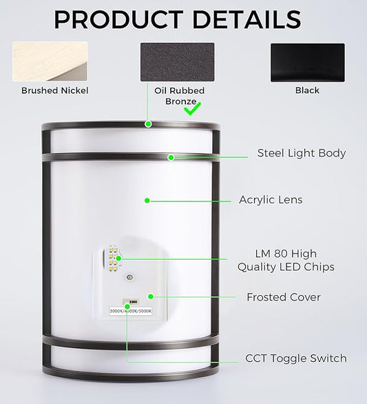 CLOUDY BAY LED 3 Color Indoor Wall Sconce, Wall Lighting,3000K/4000K/5000K Color Temperature Adjustable Wall Mount Light Fixture, 15W 120V Dimmable CRI 90+ LED Wall Light,Oil Rubbed Bronze