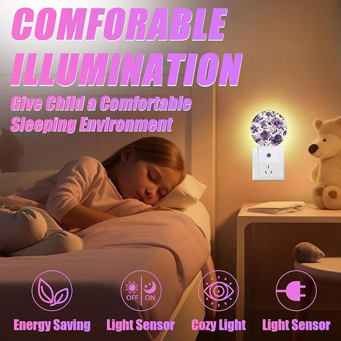 Purple Flower Night Light Watercolor Floral Night Lights LED Lamp Round Plug into Wall Nightlight with Dusk to Dawn Sensor Home Hallway Stairway Kitchen Decor