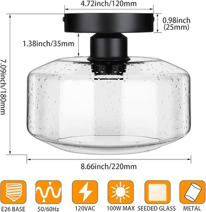 SunRider Industrial Semi-Flush Mount Ceiling Light Fixture, Modern Seeded Glass Pendant Lamp, Black Farmhouse Hanging Lighting for Bedroom Hallway