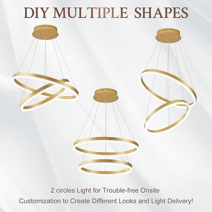 Modern LED Chandelier Gold 2-Rings Pendant Light Circular Flush Mount Ceiling Chandelier Lighting with Remote Control for Bedroom Living Room Dining Room Entrance, 3000K-6500K