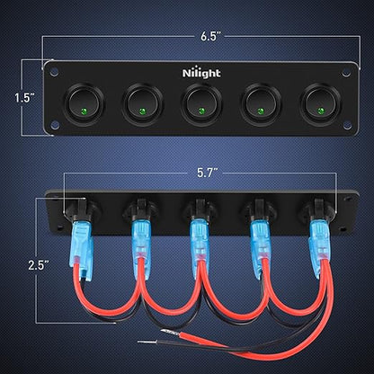 Nilight 5 Gang 3 Pin Rocker Switch Panel 20A Waterproof On Off 12V Green Toggle for Cars Trucks Boats