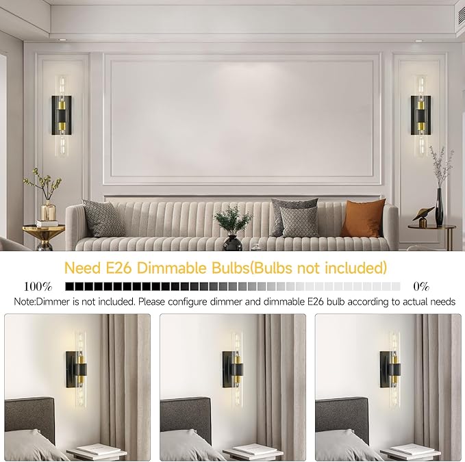 19" Black and Gold Wall Sconce,Modern Bathroom Light Fixtures,2-Light Vanity Lights for Mirror,Indoor Wall Lamp Wall Mount Hardwired Light for Bedroom with Clear Glass,E26 Base,1 Pack