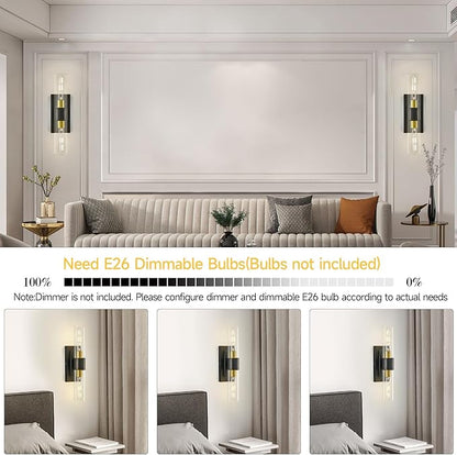 19" Black and Gold Wall Sconce,Modern Bathroom Light Fixtures,2-Light Vanity Lights for Mirror,Indoor Wall Lamp Wall Mount Hardwired Light for Bedroom with Clear Glass,E26 Base,1 Pack